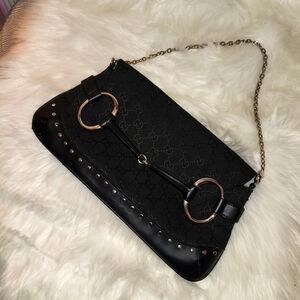 Gucci Horsebit GG Canvas Chain Shoulder Bag in Black